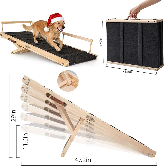 Wooden Pet Ramp for Bed, Foldable Dog Ramp with Removable Side Rails, Lightweight Ramp for Dogs for Large Dogs Senior Cats, Supports up to 100 lbs for Easy Access to Bed or Car (Large)