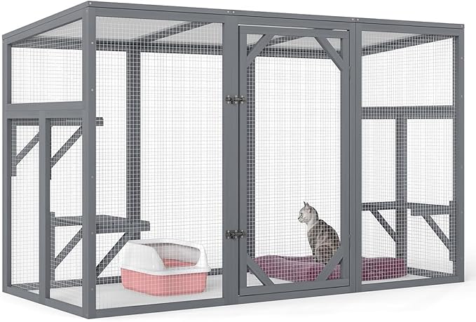 Outdoor Cat House, 71" Catio Outdoor Cat Enclosure, Large Cat Patio Enclosure for Multiple Cats, Weatherproof Cattio for Cats Outside, Wood Frame, Easy Assembly for Backyard, Grey