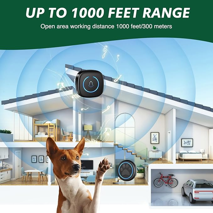 Dog Door Bell for Potty Training, Smart Wireless Doggie Doorbell to Go Outside, 1000 Feet Long Range with IP65 Waterproof Super-Light Touch Button, 60 Melodies & Adjustable Volume (1Button)