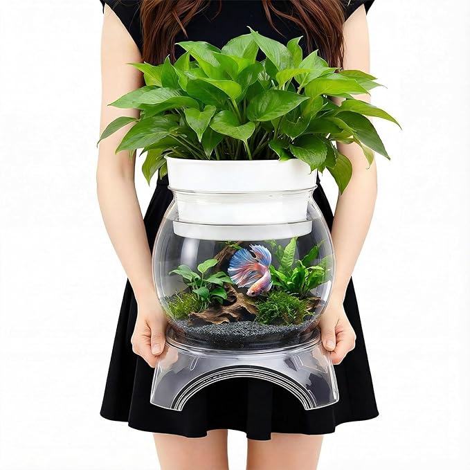 Geelin 1 Gallon Plastic Aquaponic Betta Fish Tank Aquaponic with Base and Top, Large Bowl Shatterproof Ecosystem Aquarium with Clear Clarity for Terrarium, Flower Vase Betta Fish Centerpiece Gifts