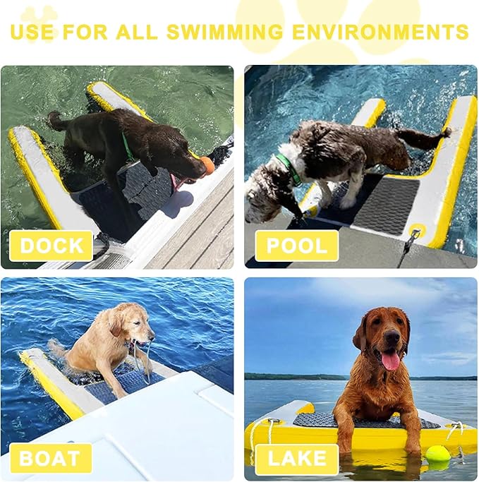 Dog Pool Ramp, Inflatable Dog Boat Ramp, Non-Slip EVA Inflatable Floating Dock Ladder for Pools Boats Docks, Safe & Easy Water Access for Large Dogs, Yellow