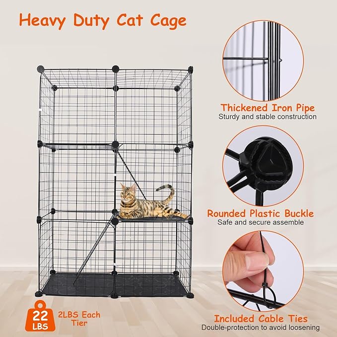 Large 3-Tier Cat Cage, Indoor Cat Enclosures Pliable DIY Cat Playpen, Detachable Metal Wire Kennels Cat Crate Box House with 3 Doors 2 Ramp Ladders for 1-2 Cats, Black - 28.2" x 14.0" x 42.1"