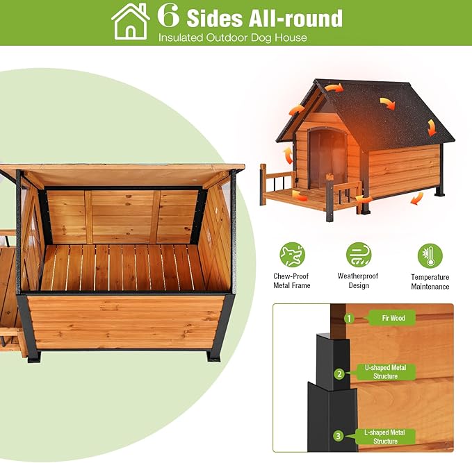 GUTINNEEN Large Insulated Dog House Outdoor Weatherproof Dog Kennel Dog Shelter with Chew-Proof Full Metal Frame, Openable Roof, Removable Inner Floor for Medium Dog Breeds, 45" D x 32.9" W x 32.6" H