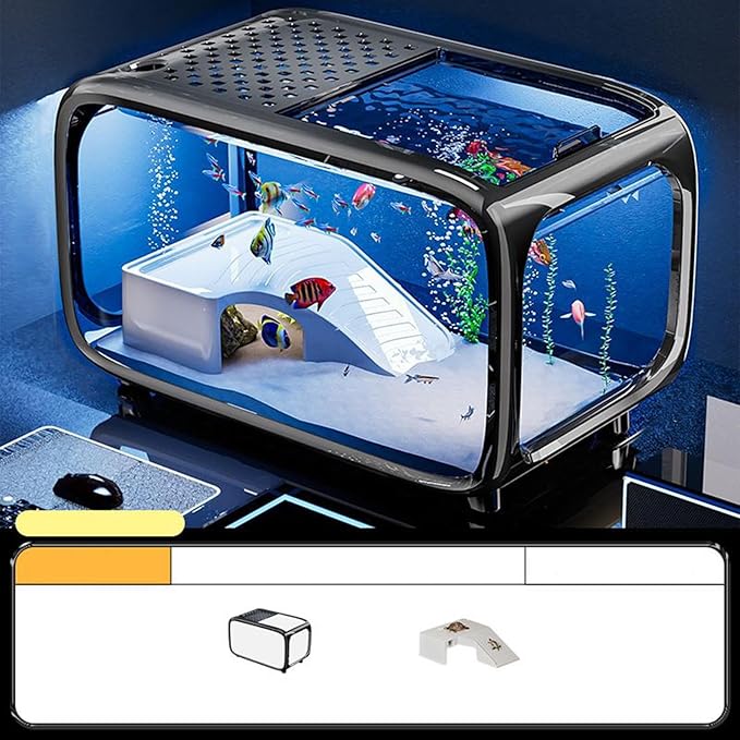 Small Aquarium | Desktop Fish Bowl Turtle Tank with Climbing Decor,Clear Living Habitat Landscape Decor with Top Feeding Hole for Aquatic Animals Shrimp Snails Aquatic Planting Betta