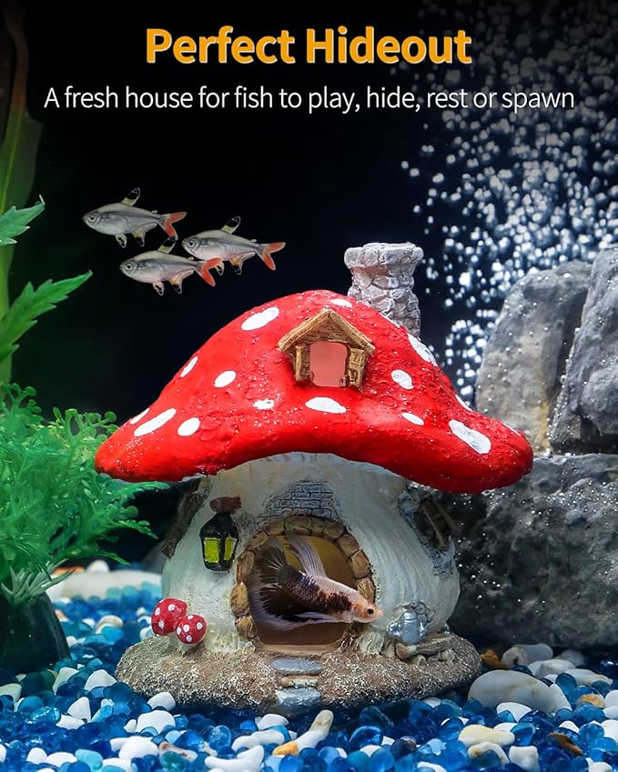 Uniclife Aquarium Mushroom House, Resin Fish Tank Decoration Cottage Ornament for Fish Tank Landscape Aquarium Hideout Hideaway Spawning Cave Decor for Shrimp Betta Goldfish and Reptiles