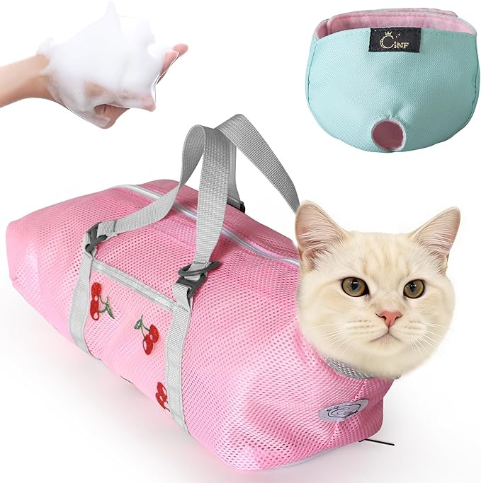 Cinf Cat Bathing Bag(Free Muzzle) Breathable Mesh Anti Scratch Adjustable Cat Grooming Bag for Nail Trimming, Bathing Soft Cat Washing Bag(Pink&Cherry) L