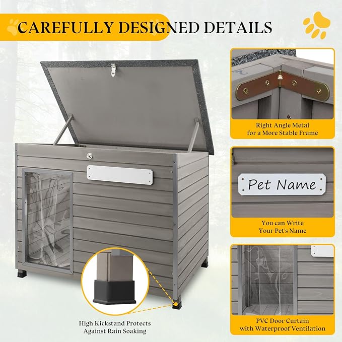 Dog House Outdoor,Chew-Proof Iron Frame Dog Kennel Weatherproof Natural Fir Wood Dog Houses with Removable Floors,Easy Assembly (34" L X 22" W X 25" H)