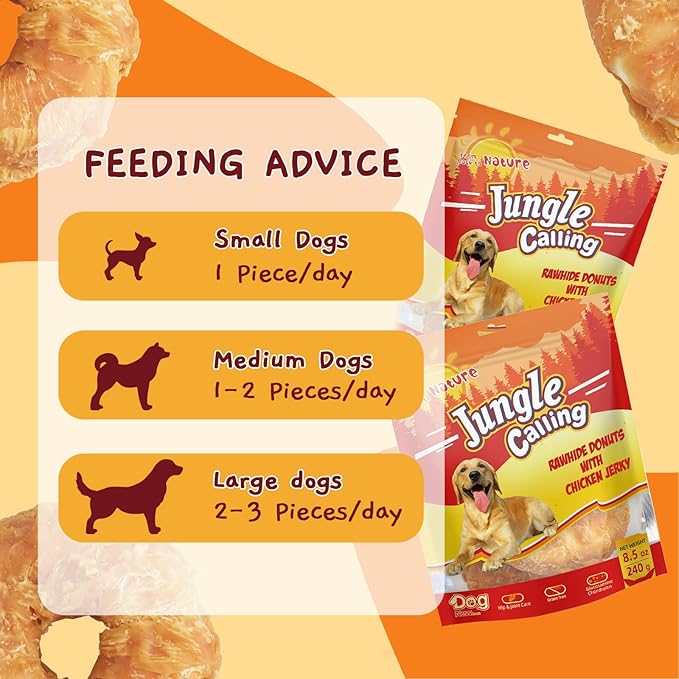 Jungle Calling Dog Treats Long Lasting, Rawhide Chews for Dogs, Chicken Wrapped Rawhide Donuts, Chewy Snacks for Medium Large Dogs (Pack of 2)
