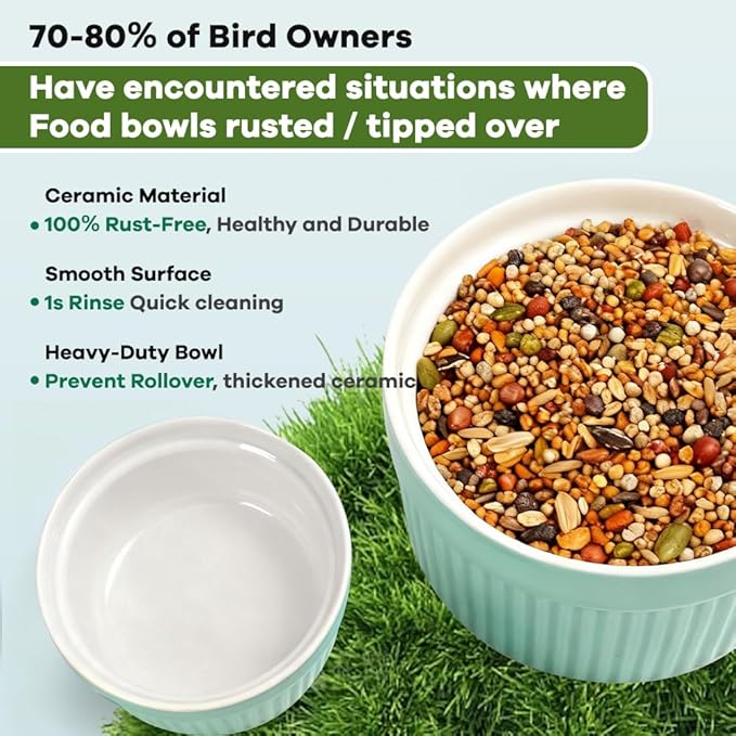 Bird Feeder for Cage Bowl, Ceramic Parrot Feeding Cups - Automatic Easy to Clean & Install, Dishwasher Safe Small Animal Food Water Bird Dish for Parrots, Cockatiels, Canaries