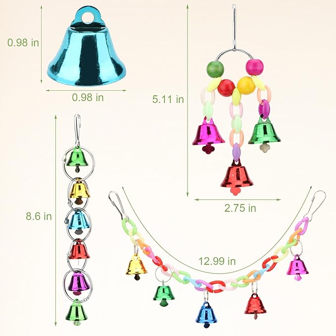 Hypeety Parrot Chew Toys Swing Colorful Bells Chandelier Bird Hanging Toy Parrot Cage Craft Toys Cages African Grey Conure Cockatiel 4PCS Set