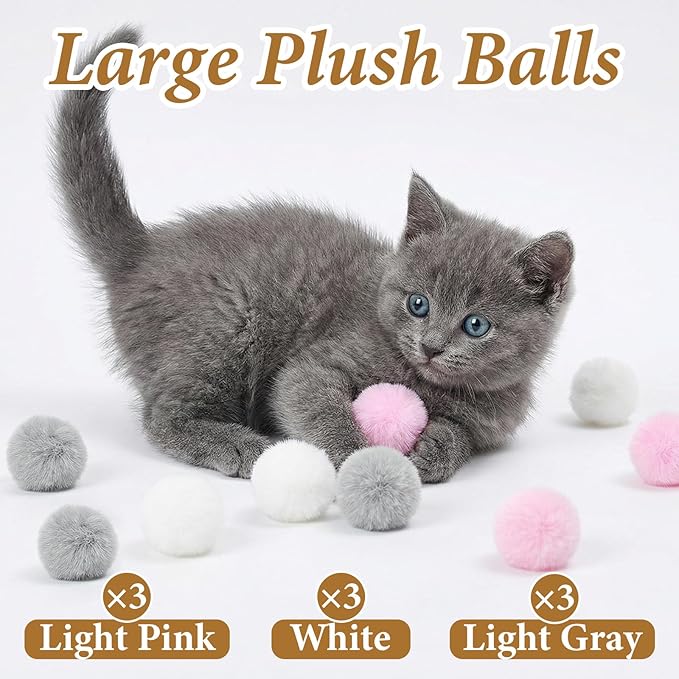 9 Pieces Furry Cat Toys Fuzzy Cat Balls Toys Pom Pom Kitty Ball Cute Rolling Cats Toy Artificial Plush Ball (Pink, Grey, White)
