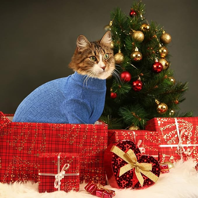 Idepet Sphynx Hairless Cats Sweater Shirt Kitten Soft Puppy Clothes Pullover Cute Cat Pajamas Jumpsuit Cotton Apparel Pet Winter Turtleneck for Cats and Teacup Chihuahua Small Dogs(Blue,XXL)