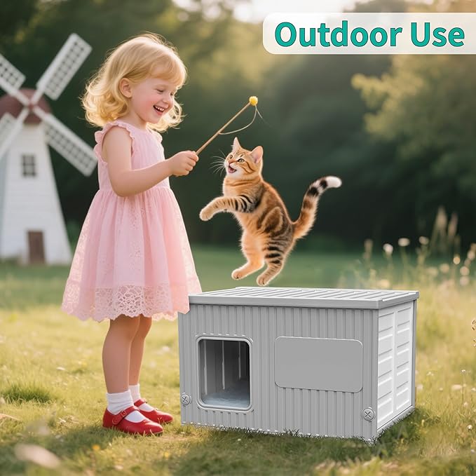 Plastic Cat House Outdoor & Indoor, Feral Cat Houses with Mat, Waterproof Outdoor Cat House for Feral Cats, Outside Cat Shelter for Small Pet, Assemble and Clean Easily