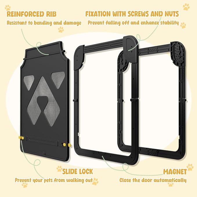 Dog Door for Screen Door, Lockable Pet Door for Sliding Screen Door, Magnetic Auto-Close Door Flap 14 x 11.8 inch, Black