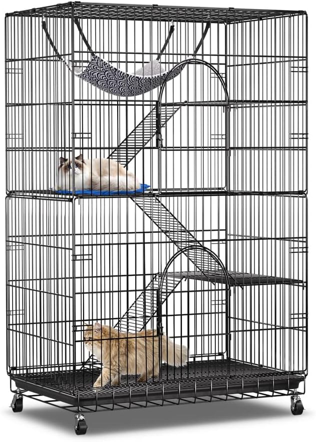 PawGiant 4-Tier Large Cat Cage Playpen, 51-inch Indoor/Outdoor Enclosure with 2 Doors, Hammock, Suitable for Cats, Kittens, and Small Animals