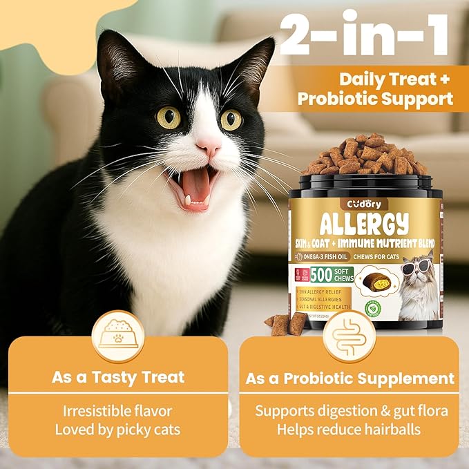 Cat Allergy Relief for Cats Treats, 500 Crunchy Snacks for Immune & Skin Coat Support – Seasonal Allergies, Itching Relief, Omega 3 & Probiotic Natural Supplement for Cat, Chicken (90-Day Supply)