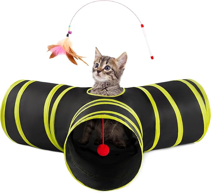 Love’s Cabin Cat Tunnel for Indoor Cats, 3-Way Collapsible Play Tunnel with Teaser Wand, Peek Holes & Toy Ball, Small Pet Toy for Kittens & Rabbits, Black & Yellow, Small Size