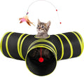 Love’s Cabin Cat Tunnel for Indoor Cats, 3-Way Collapsible Play Tunnel with Teaser Wand, Peek Holes & Toy Ball, Small Pet Toy for Kittens & Rabbits, Black & Yellow, Small Size