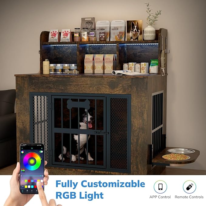 Petrova 33" Dog Crate Furniture for 1 Dogs, Heavy Duty Indoor Dog Kennel for Small/Medium Dogs, Wooden Dog Cage with 2 Stainless Steel Bowls, 4 Hooks, LED Light, Brown