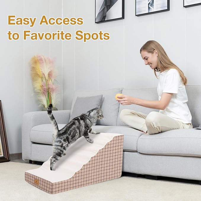 Pets Ramp for High Beds, Small Dogs & Senior Cats - Non-Slip Texture & Machine Washable Cover - Supportive Foam for Joint Comfort, Easy Climb for Couch, Sofa, Furniture (Tan)