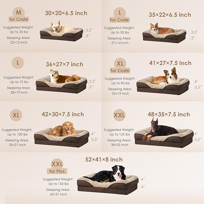 EHEYCIGA Orthopedic XL Dog Bed for Large Sized Dog, 42x30x7.5 Inch Extra Large Memory Foam Dog Couch Bed with Sides, Waterproof Liner & Washable Removable Cover, Bolster Pet Sofa, Brown