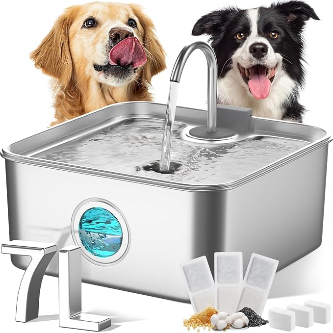 FUKUMARU Dog Water Fountain, 1.8 Gal/7L Stainless Steel Large Pet Fountain for Multi-Pet Households, 2026 Upgraded Ultra Quiet Automatic Water Dispenser with 4-Stage Filtration & 3 Filters, Silver