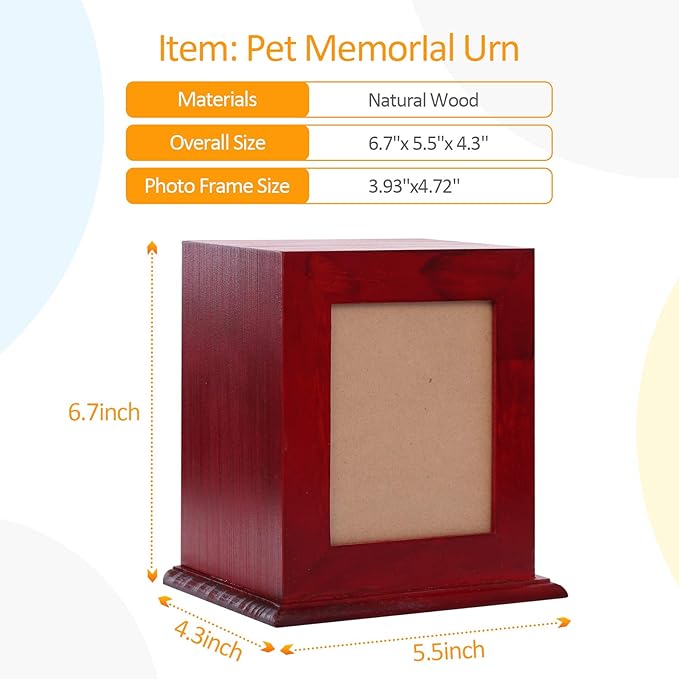 BRKURLEG Wooden Pet Urn for Ashes - Dog & Cat Cremation Keepsake Box with Photo Frame, Memorial Urn for Small & Medium Pets, Handcrafted Pet Ashes Storage Box, Pet Loss Memorial Gift