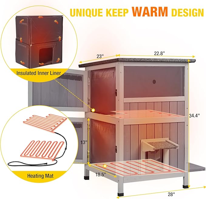 Heated Cat House Outdoor Cat House Insulated Freal Cat Shelter with Heated Pad- Large Outside Insulated Cat Condo for Winter