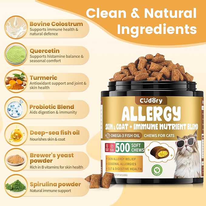 Cat Allergy Relief for Cats Treats, 500 Crunchy Snacks for Immune & Skin Coat Support – Seasonal Allergies, Itching Relief, Omega 3 & Probiotic Natural Supplement for Cat, Chicken (90-Day Supply)