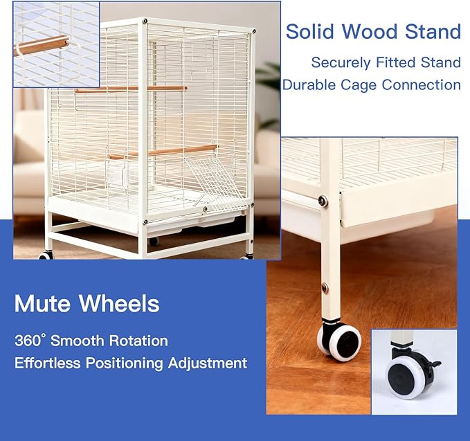 19x19x26 Inch Large Bird Cage for Parrots & Parakeets, Birdcages with Stand & Wheels, Easy Clean Slide Out Tray, Include Wood Perches, Feeder & Water Bottle for Cockatiel, Lovebird, Pigeon, White
