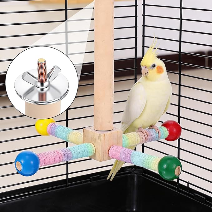 Rotating Parrot Perch Toy with Chew Ball - Bird Cage Accessories for Small and Medium Birds - Natural Wood and Cotton Rope Parakeet Toys and Accessories