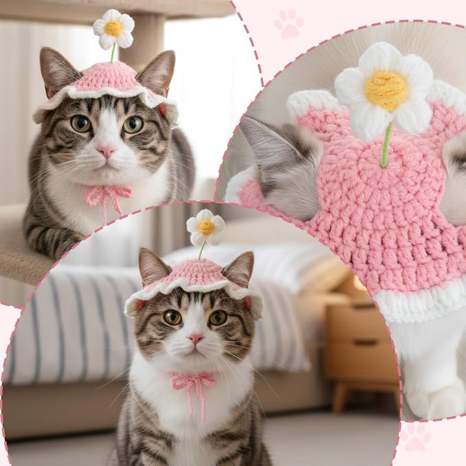 Cat Hat Cute Pink Flower Costume Hats for Cats, Cat Part Hat with Ear Holes and Adjustable tie Soft Washable Outfits Hats for Parties Birthday