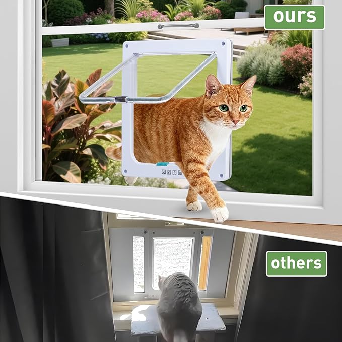 Cat Door for Window, Fits 14"-24" Width Window, Cat Window Door with 4 Locking Modes, Weatherproof Window Cat Door Insert, Magnetic Closure, Easy Installation, Clear Plexiglass