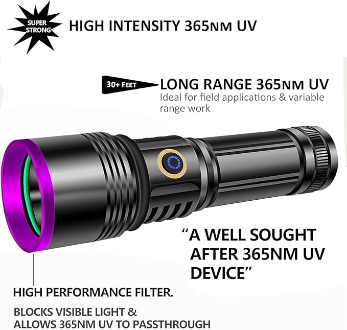 20W 365nm UV Flashlight USB Rechargeable UV Lamp High Power Black Light Flashlight for Pet Urine Testing, Resin Curing, Minerals, GERG0