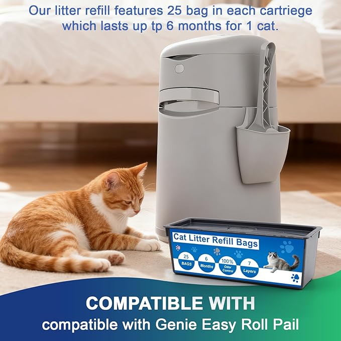 Cat Litter Refill Bags for Genie Easy Roll Bin, 7-Layer Odor Control, Leak-Proof & Easy-Tear, Unscented,Cat Genie Easy Roll Refill Bags-3 Pack(75 Bags Total)