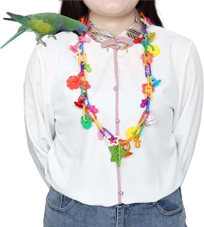2 Pack Bird Necklace Toy Rainbow Necklace Bird Toy Bird Chewing Toy Cage Links Bird Swing & Climbing Chain for Smaller-Sized Birds