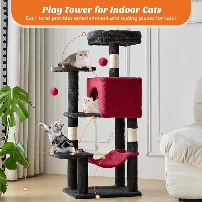 Sweetcrispy 44 Inch Cat Tree Tower, Cat Climbing Tower with Natural Sisal Scratching Posts, Hammock, Pet Condo for Indoor Cats and Kittens Play, Black and Red