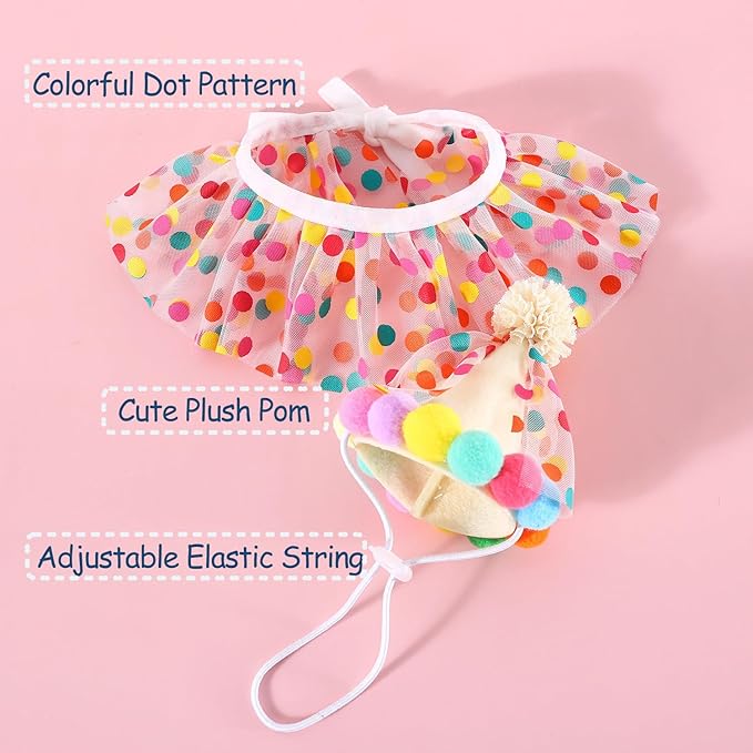 Cat Holiday Costume Hat with Bandana, Cat Hat with Polka Dot Tutu Collar, Pet Outfits for Small Dogs Bunny Birthday Party Decoration, Hat and Bandana Set