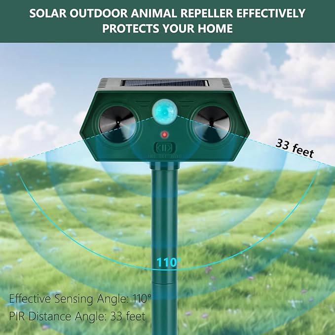 4 Pack 2026 Ultrasonic Animal Repellent Outdoor Cat Repellent Devices Solar Animal Repeller Motion Activated Deterrent to Scare Deer Squirrel Rabbit Raccoon Skunk for Yard Lawn Outdoor