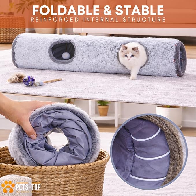 Cat Tunnels for Indoor Cats – Cat Crinkle Tunnel – Collapsible Long Plush– Cat Tube Cute Cozy Pet Play for Hours of Fun (47" / Pearl Gray)