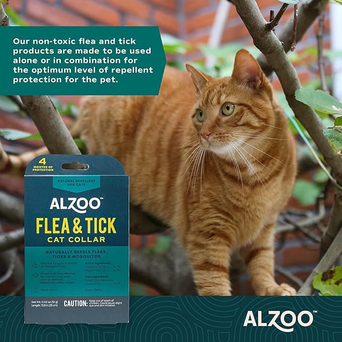 ALZOO Natural Flea & Tick Cat Collar, Helps Repel Fleas, Ticks & Mosquitoes, Plant-Based Active Ingredients, Phthalates and PVC Free, Up to 8 Months Protection, Pack of 3