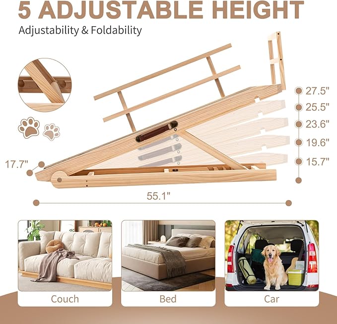 SLSY Dog Ramp for High Bed Couch, Folding Adjustable Pet Ramp with Non-Slip Rubber Mat, 62.9" Long, 5 Adjustable Heights 15.7''–31.4", Portable Step Supports Pets up to 250 lbs for Large Pet(Natural)