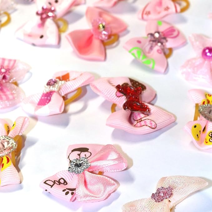 50pcs Dog Hair Bow Bowknot, Dog Bows Cute, Puppy Hair Bows Rhinestones Pearls Flowers Mix Styles Pet Grooming Rubber Bands Dogs Hair Accessories Handmade Hair Bows for Yorkie Puppy Dogs