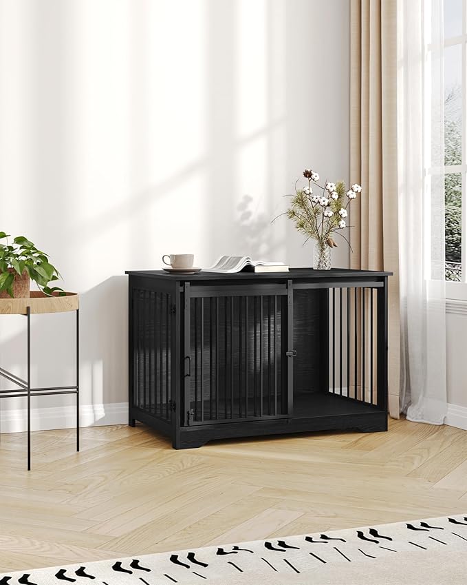 39.3" Dog Crate Furniture with Barn Door, Heavy Duty Dog Kennel Indoor with 2 Doors, Wooden Pet Cage End Table for Large Small Medium Dogs, Anti-Chew Anti-Escape, Black DFC02304B