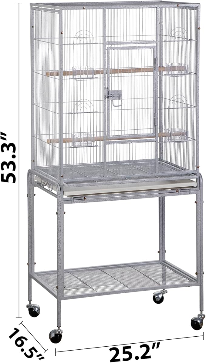 Nova Microdermabrasion 53-Inch Rolling Bird Cage, Wrought Iron Large Cage with Stand and Storage Shelf for Parrots, Cockatiels, Parakeets, and Macaws (White)