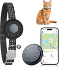 Cat Tracker, Waterproof Pet Tracker for Cats, Cat GPS Tracker Collar with Safety Elastic Buckle, Compatible with Apple Find My App (Only iOS), No Monthly Fee (Black Tracker, Black Cat Collar)