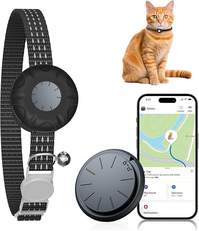 Cat Tracker, Waterproof Pet Tracker for Cats, Cat GPS Tracker Collar with Safety Elastic Buckle, Compatible with Apple Find My App (Only iOS), No Monthly Fee (Black Tracker, Black Cat Collar)