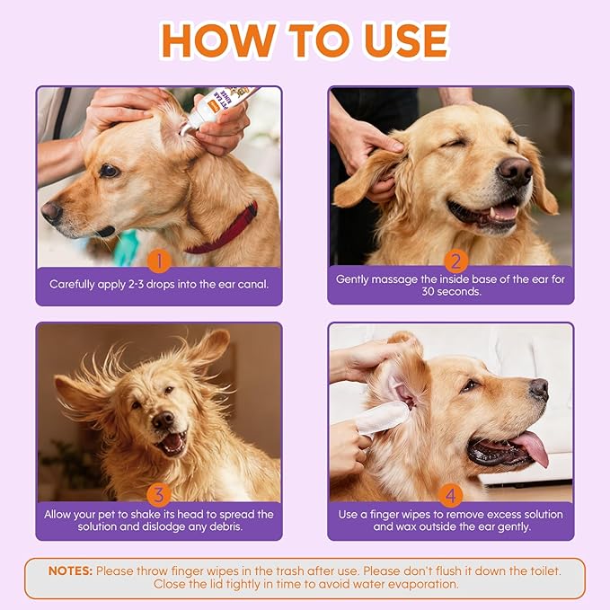 Dog Ear Cleaner Kit - Dog Ear Wash with Aloe Vera & Witch Hazel, Dog Ear Finger Wipes & Ear Cleaner Solution for Dogs and Cats, Gently Remove Ear Wax & Debris, Soothe Ear Itching, Deodorize
