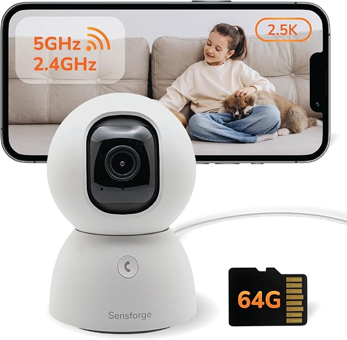 Sensforge 2.5K Indoor Pan-Tilt Dome Security Camera, AI Human & Pet Detection, 360° Coverage, Two-Way Audio, Dual-Band Wi-Fi (2.4G/5G), 64GB SD Card Included, No Monthly Fees (1, White)