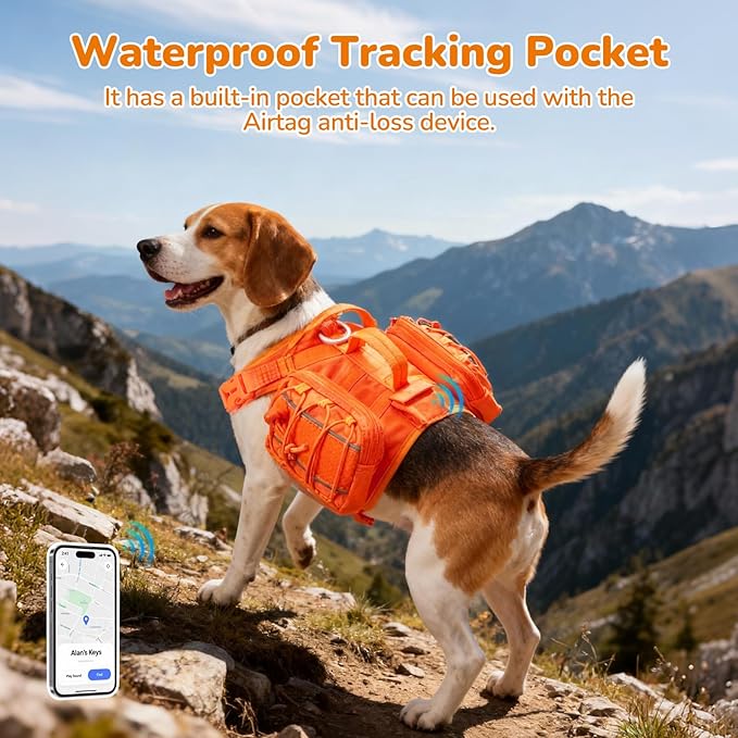 Large Dog Harness Backpack, No Pull Adjustable Dog Vest with Handle & Leash Ring, Lightweight Dog Backpack with Side Pockets for Walking, Training & Day Hikes, Orange, L